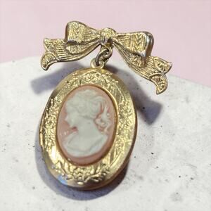 Victorian Revival Cameo Locket Bow Brooch Pink Gold Romantic 1928 Jewelry